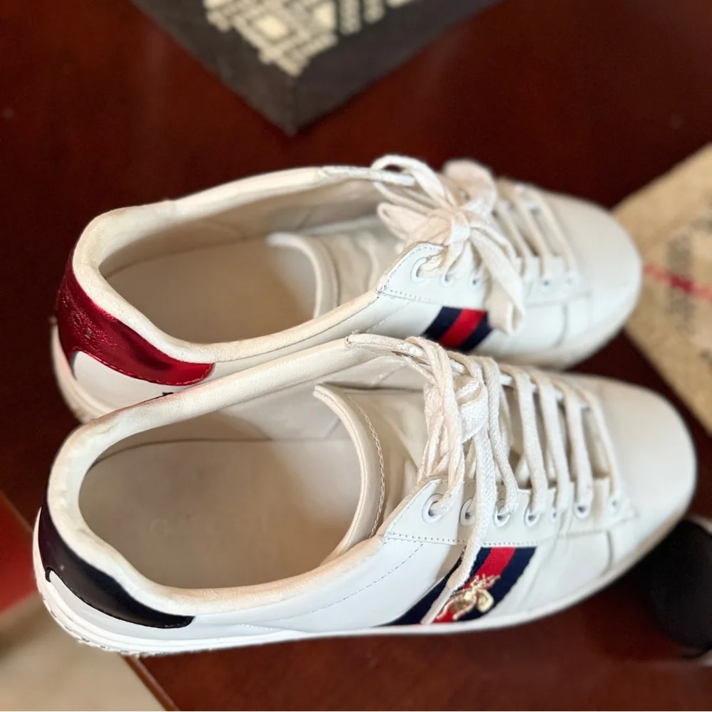 GUCCI Calfskin Crystal Web Bee Womens Ace Platform Sneakers 39 White - Picture 15 of 15